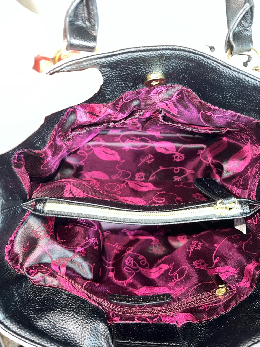 Betsey Johnson Pink and Black Quilted Satchel with Striped Bow - Picture 6 of 9